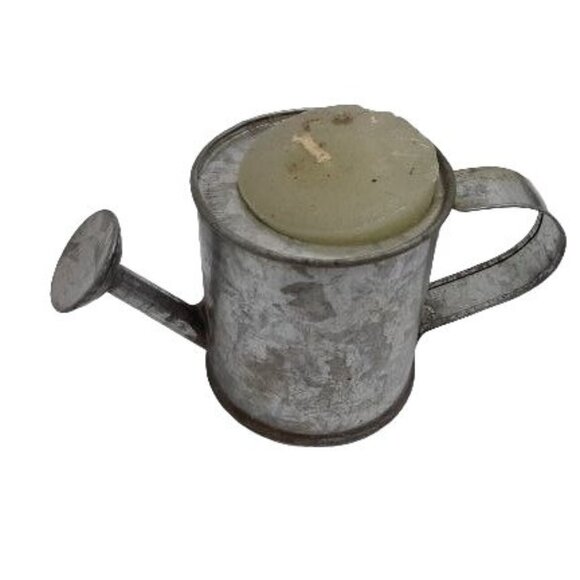 Miniature Tin Galvanized Watering Can Candle Holder Ivory Wax Candle - Picture 1 of 3